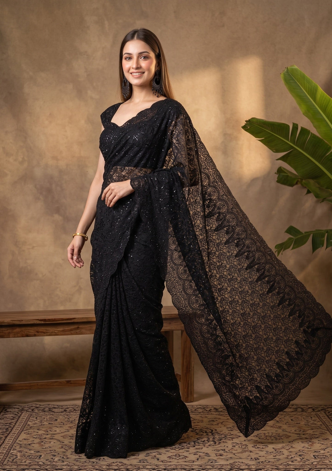 Black Swarovski Net Saree