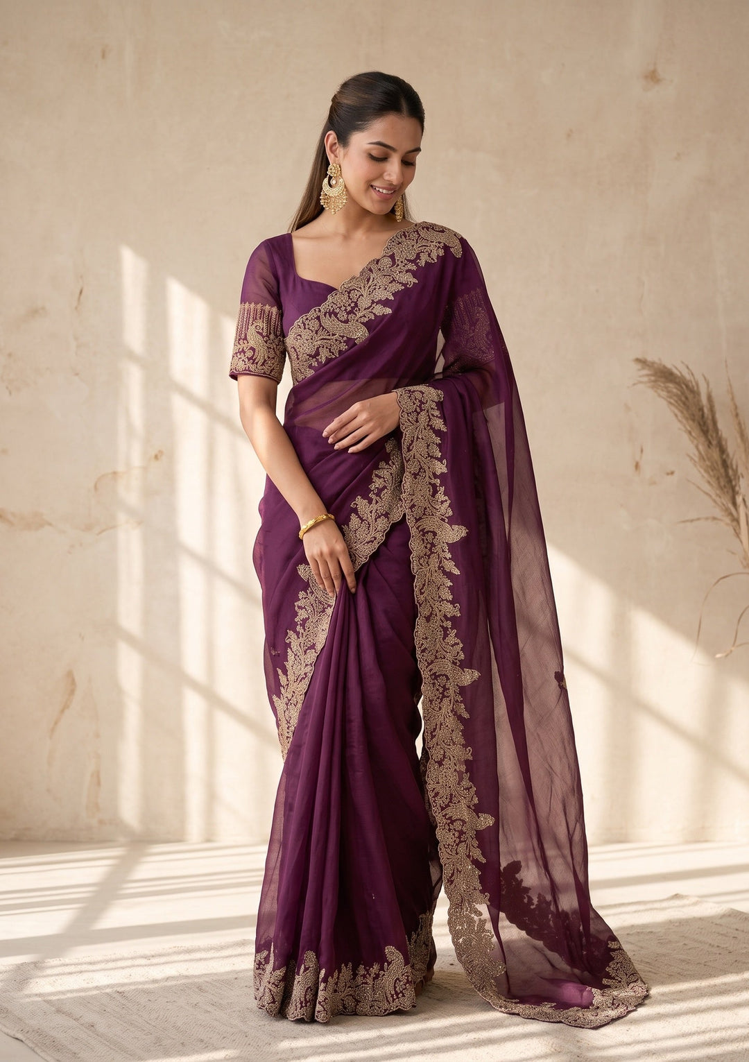 Wine Stonework (Gold) Satin Saree
