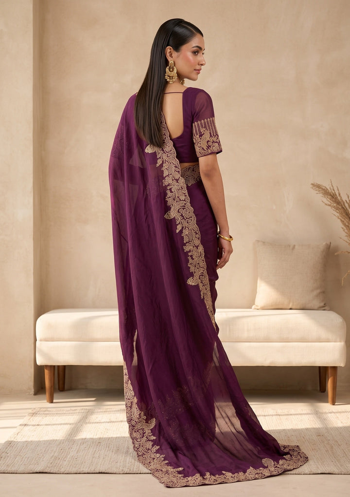 Wine Stonework (Gold) Satin Saree