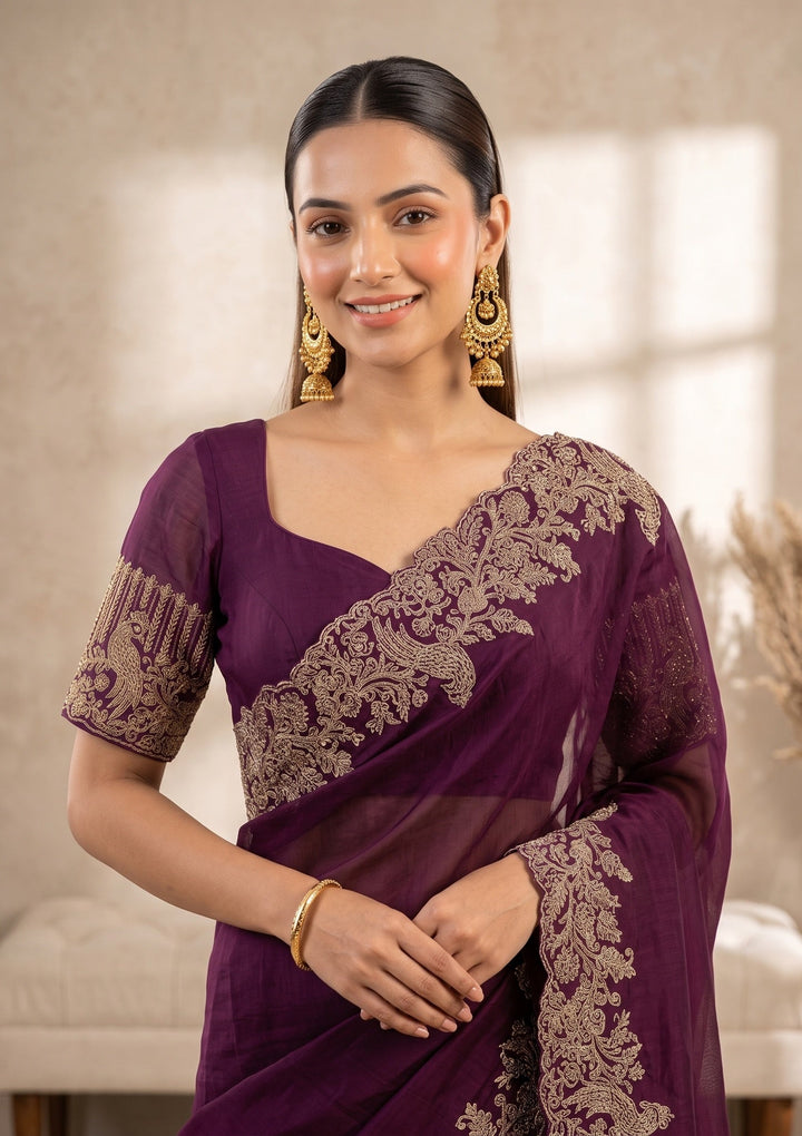 Wine Stonework (Gold) Satin Saree