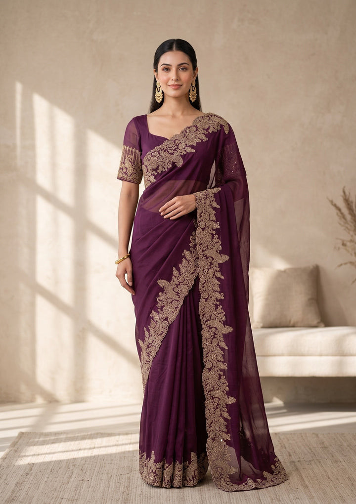 Wine Stonework (Gold) Satin Saree