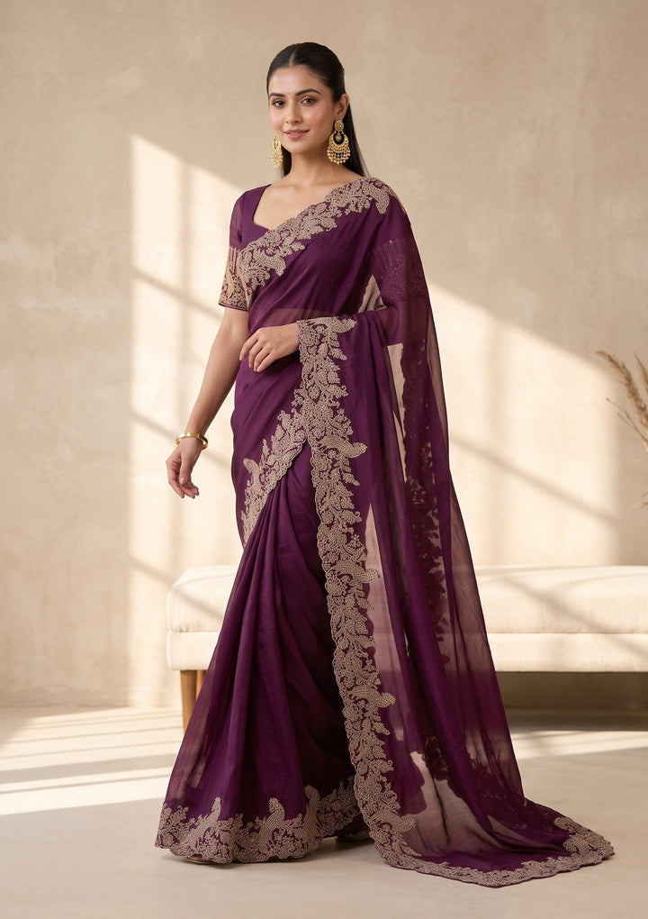Wine Stonework (Gold) Satin Saree