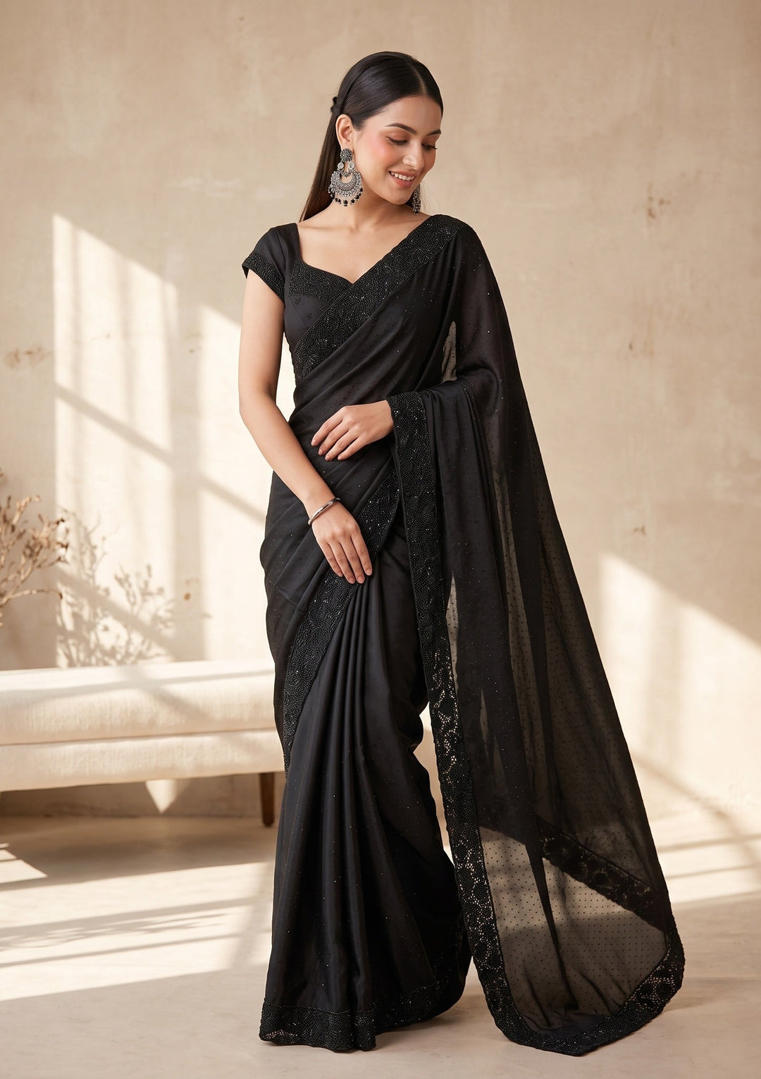 Black Cutwork Satin Saree