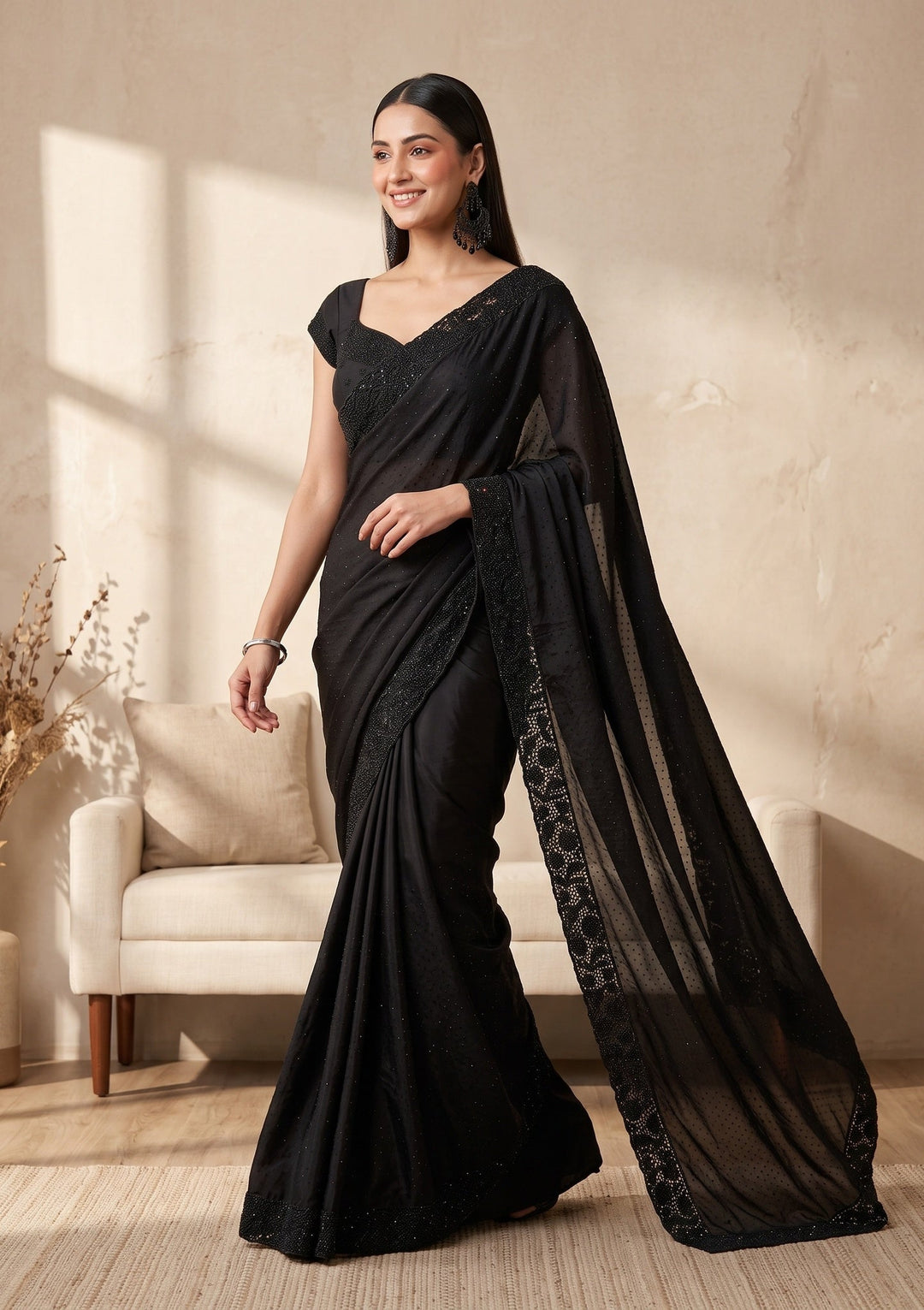 Black Cutwork Satin Saree