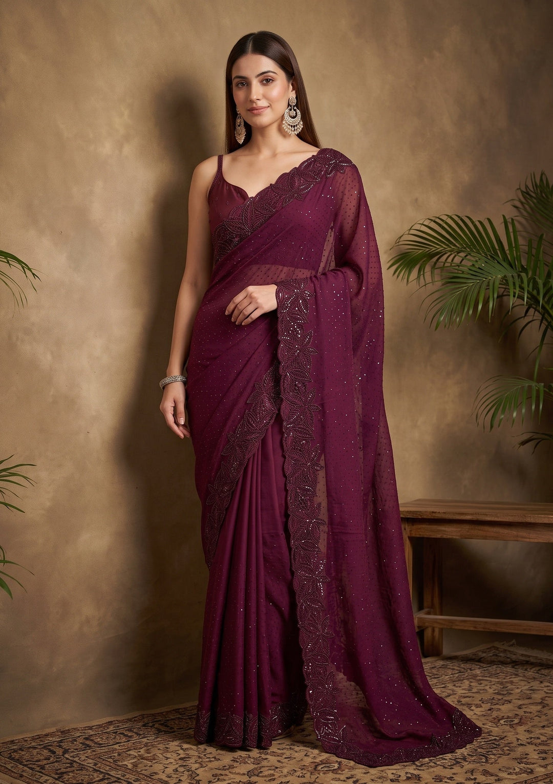 Wine Swarovski Satin Saree