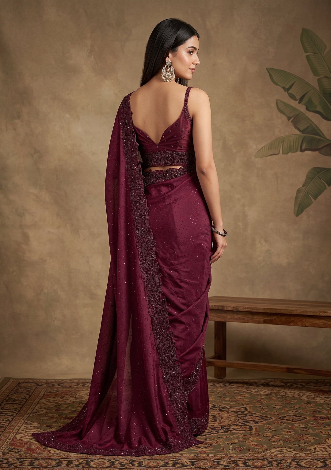 Wine Swarovski Satin Saree