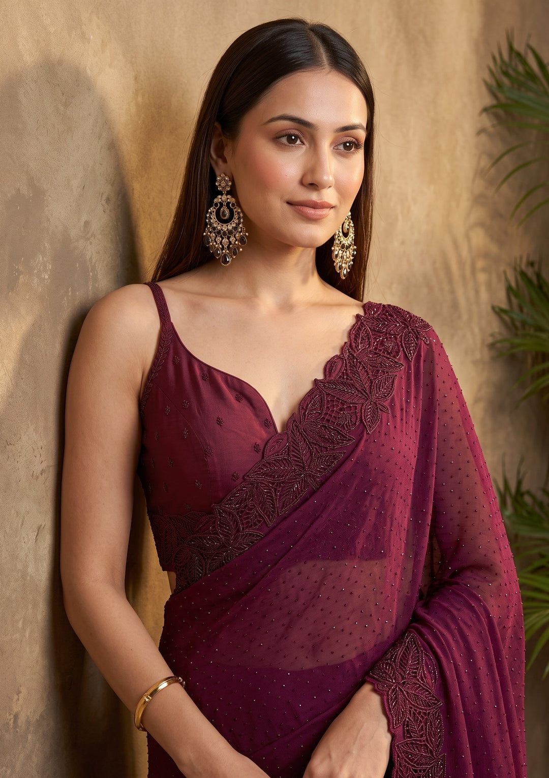 Wine Swarovski Satin Saree