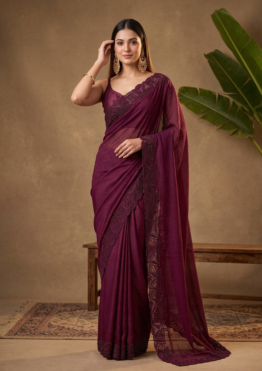 Wine Swarovski Satin Saree