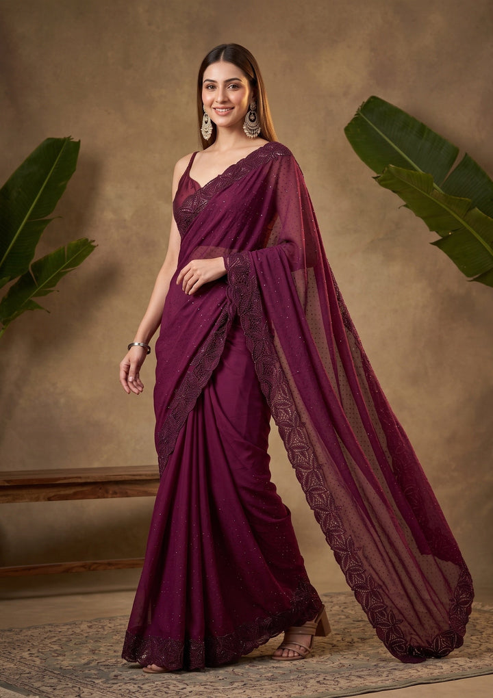 Wine Swarovski Satin Saree