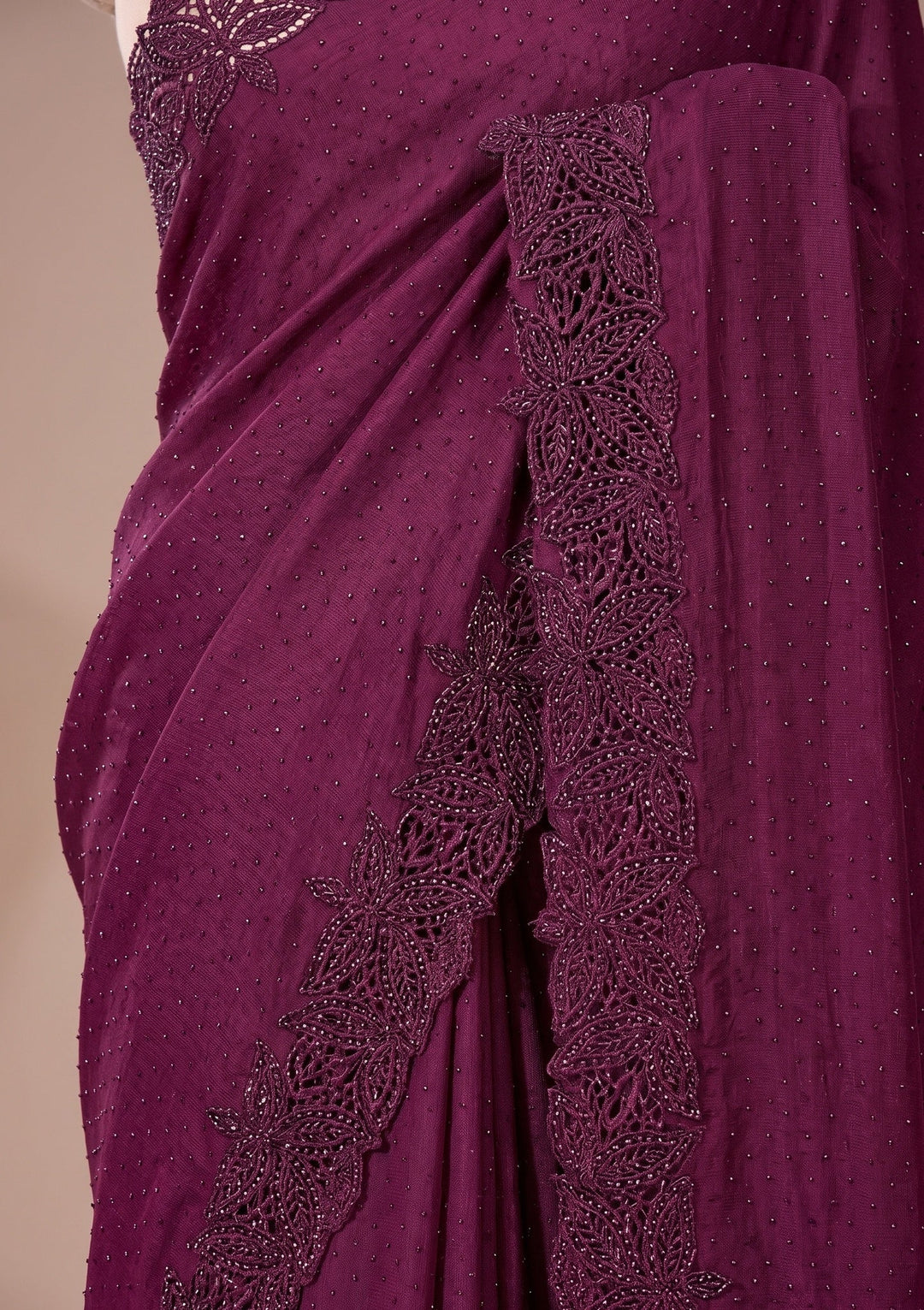 Wine Swarovski Satin Saree