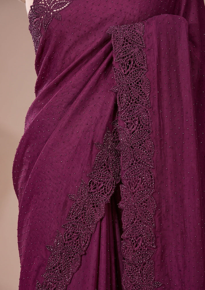 Wine Swarovski Satin Saree