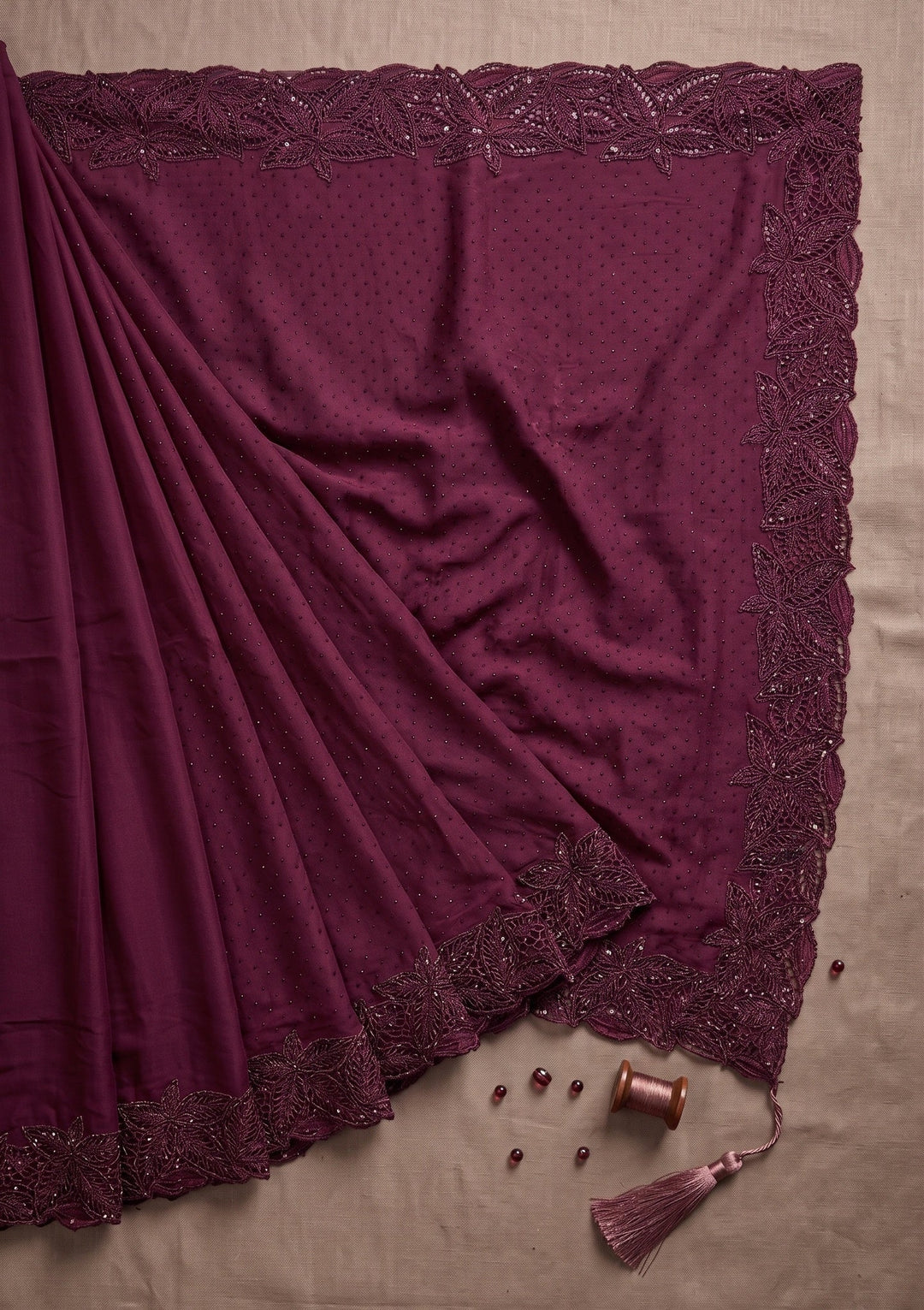 Wine Swarovski Satin Saree