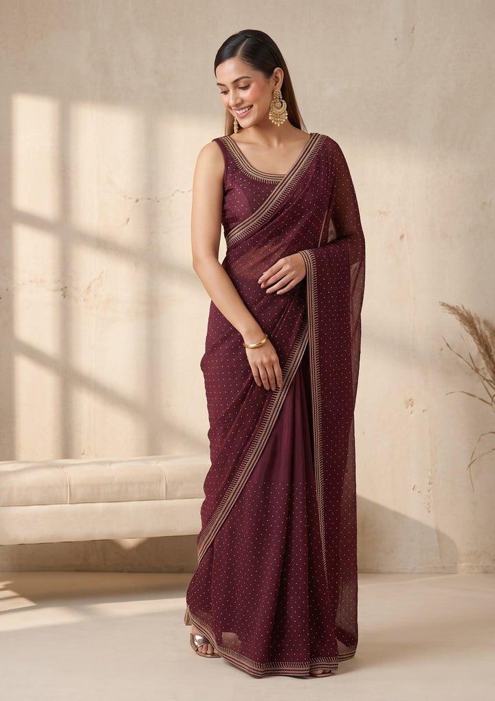 Maroon Stonework (Gold) Tissue Saree