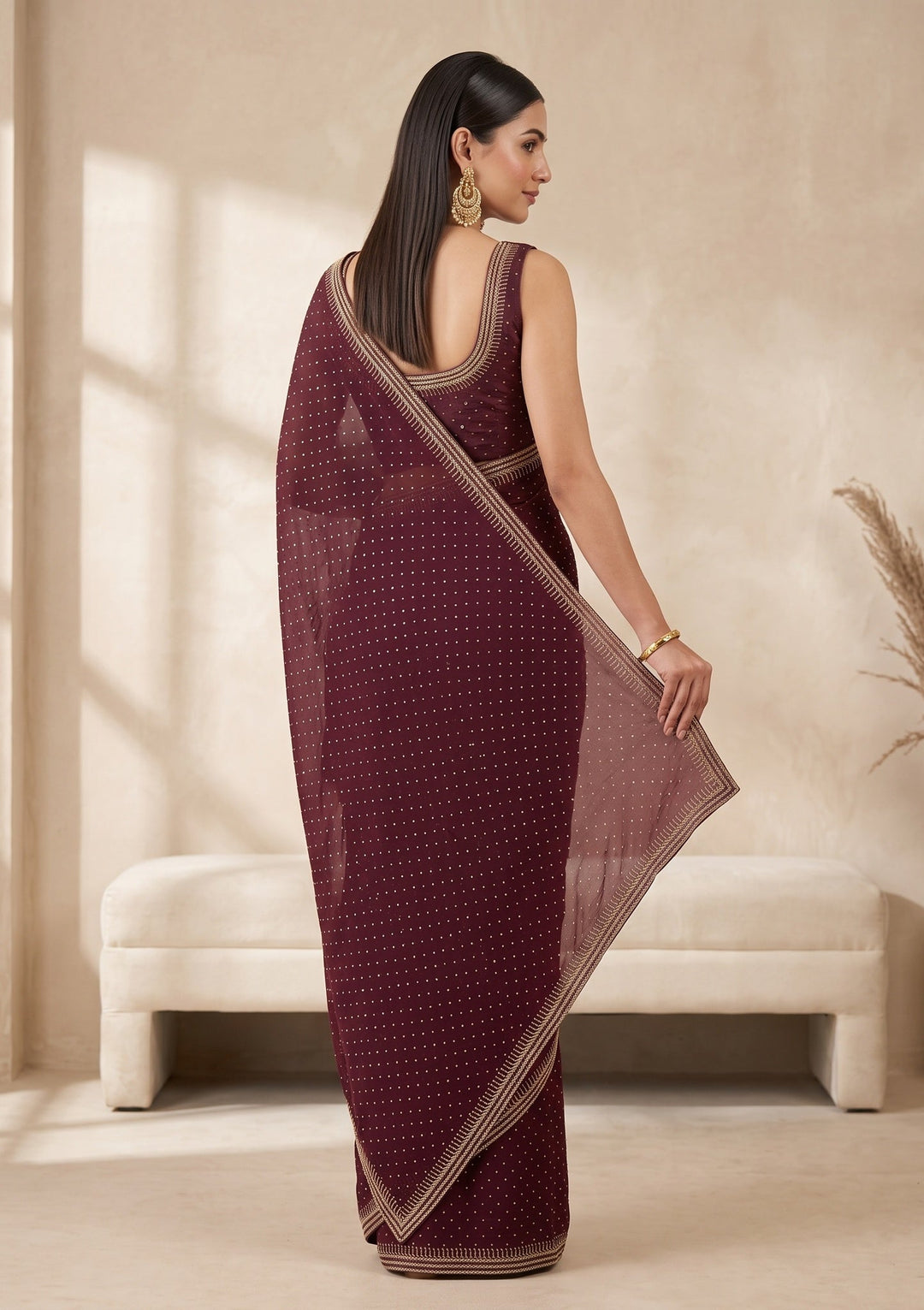 Maroon Stonework (Gold) Tissue Saree