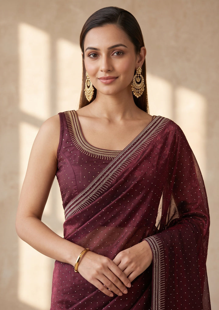 Maroon Stonework (Gold) Tissue Saree