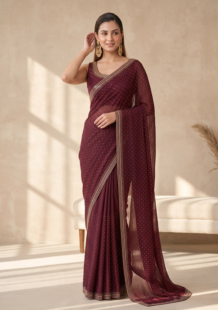 Maroon Stonework (Gold) Tissue Saree
