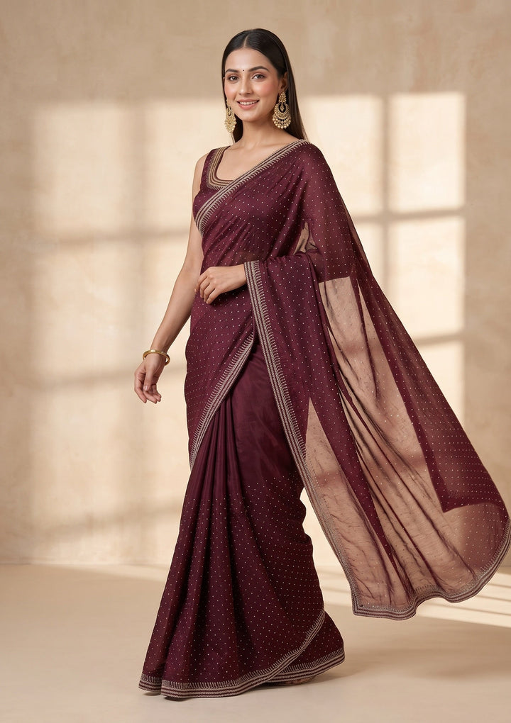 Maroon Stonework (Gold) Tissue Saree