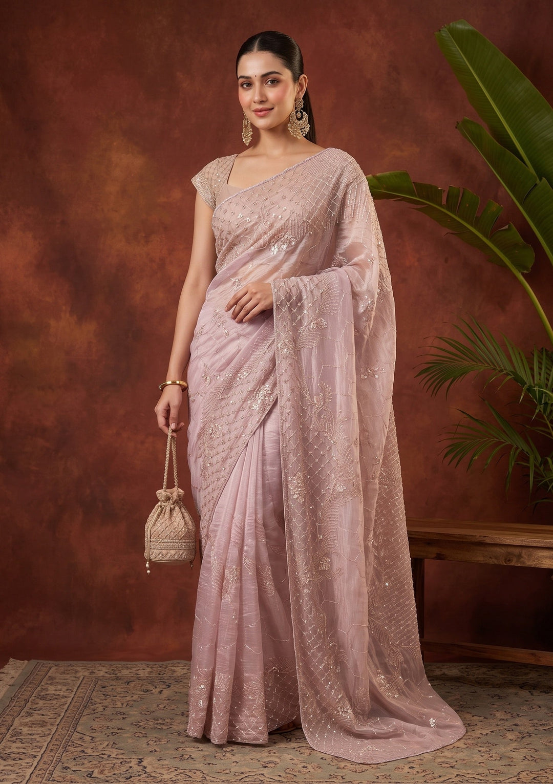 Baby Pink Cutdana Tissue Saree