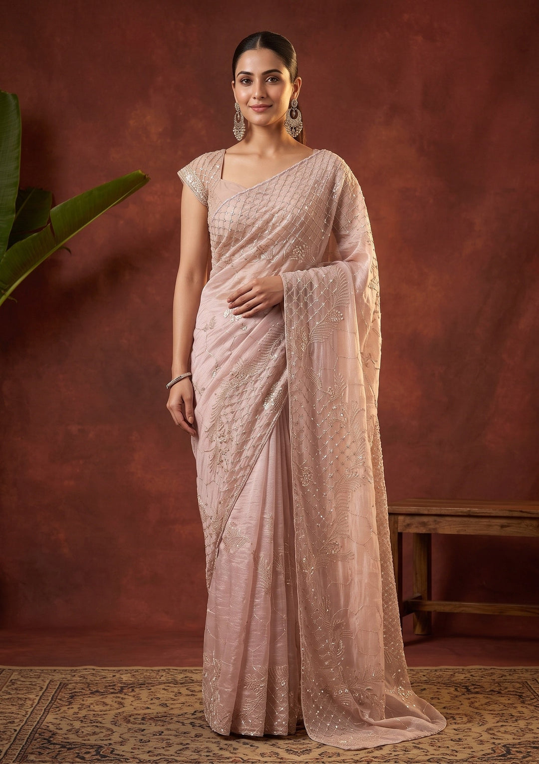 Baby Pink Cutdana Tissue Saree