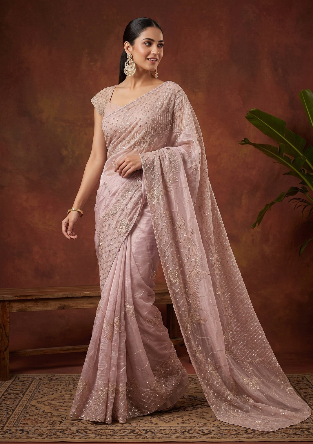 Baby Pink Cutdana Tissue Saree