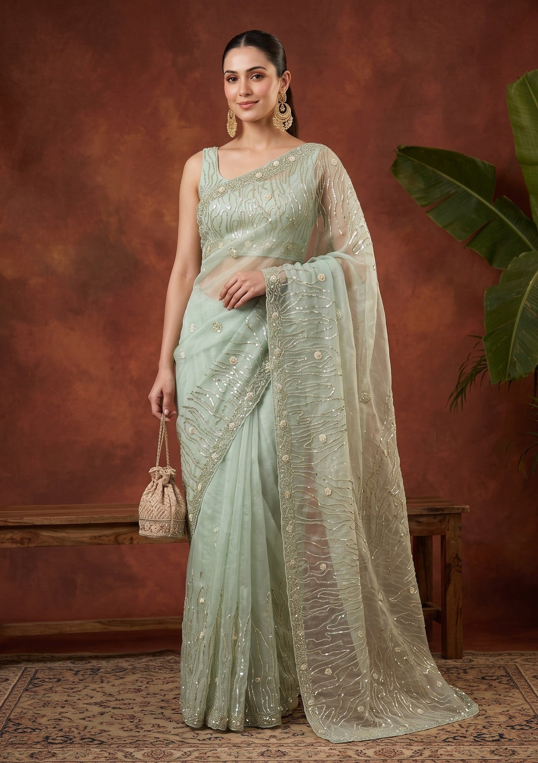 Pista Green Sequins Organza Saree