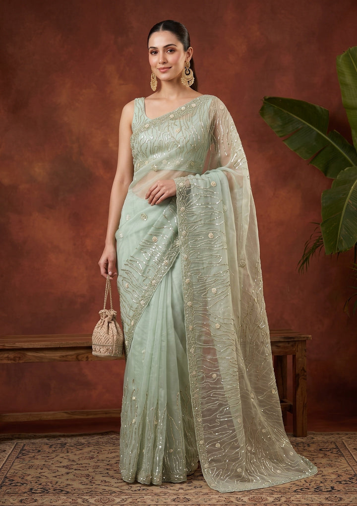 Pista Green Sequins Organza Saree