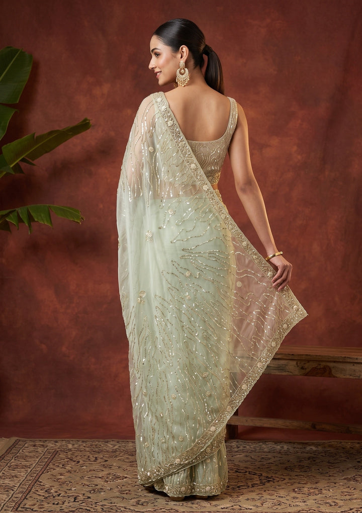 Pista Green Sequins Organza Saree