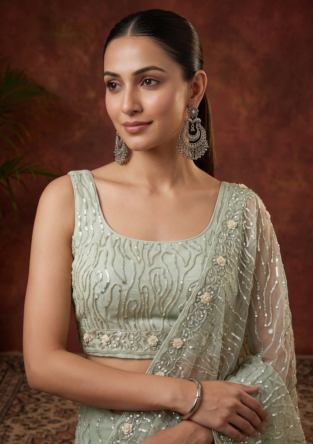 Pista Green Sequins Organza Saree