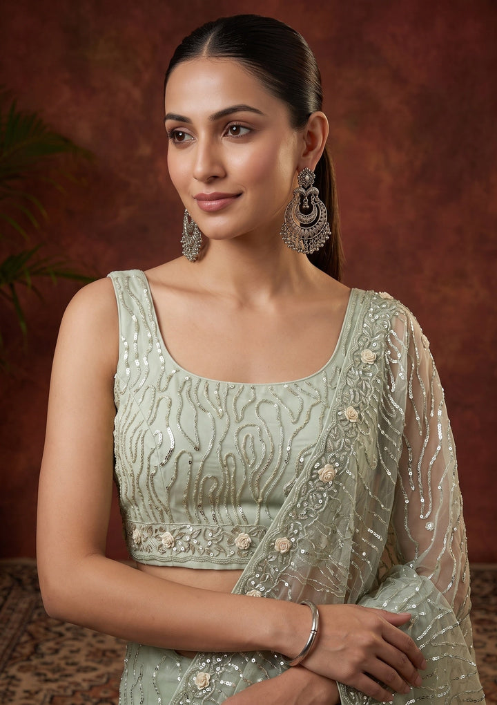 Pista Green Sequins Organza Saree