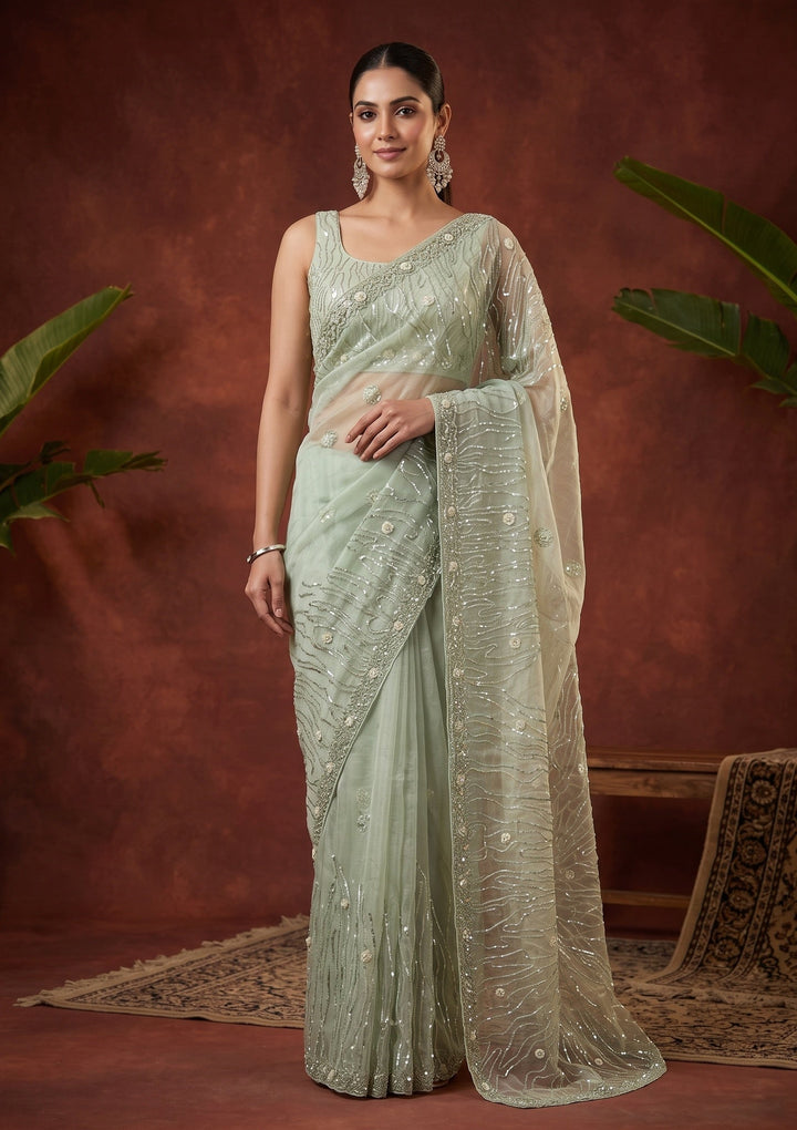Pista Green Sequins Organza Saree