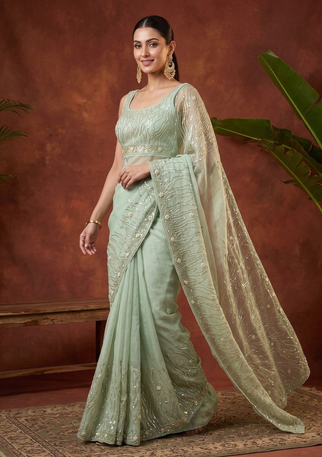 Pista Green Sequins Organza Saree