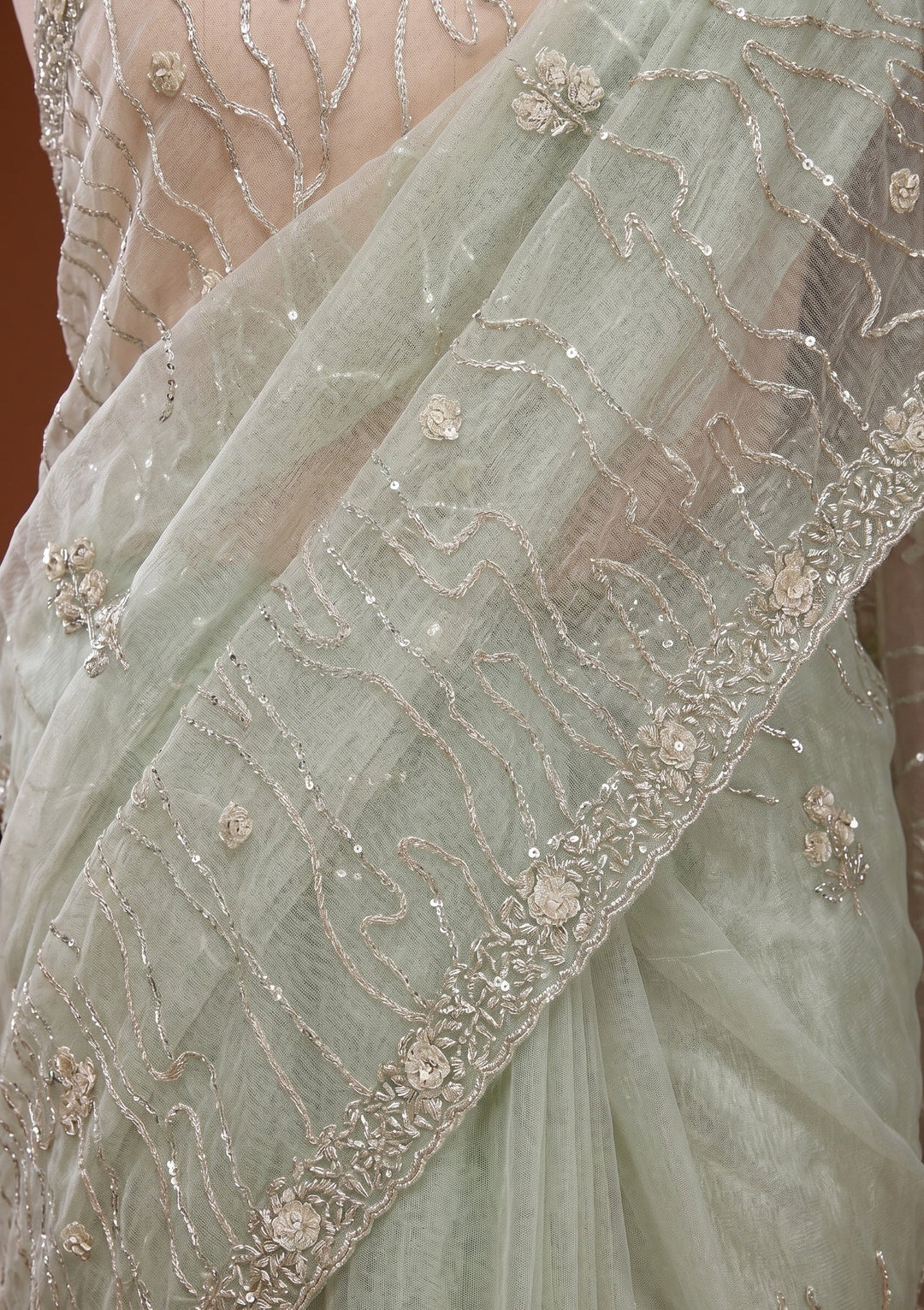 Pista Green Sequins Organza Saree