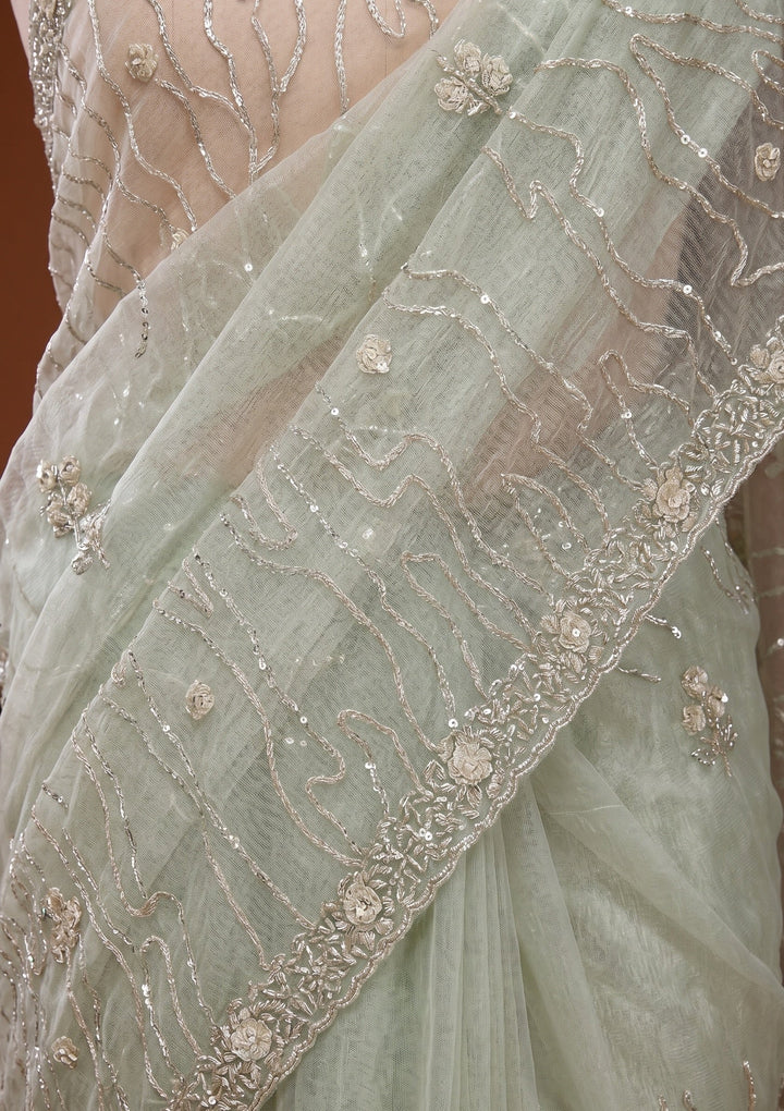 Pista Green Sequins Organza Saree