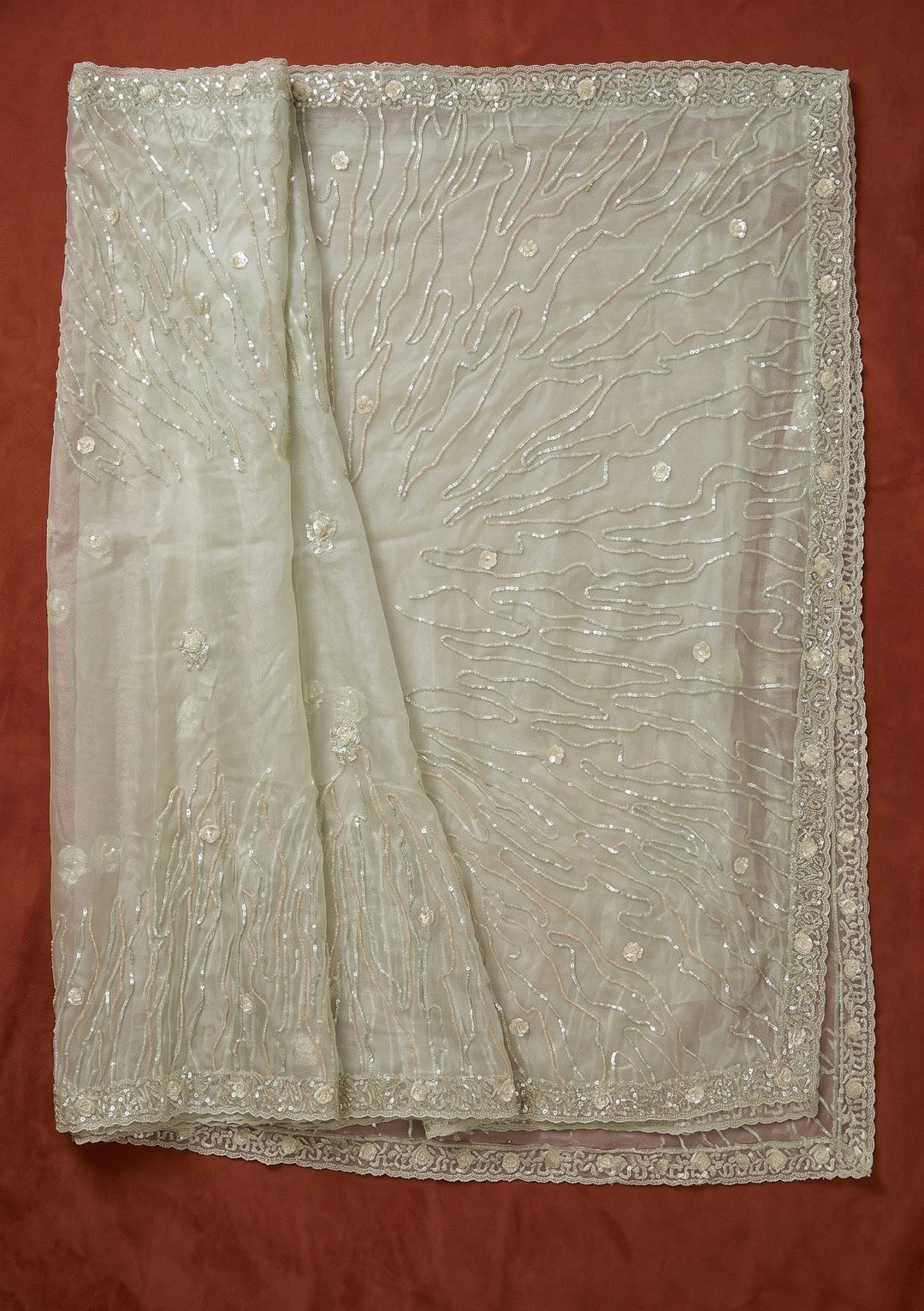 Pista Green Sequins Organza Saree