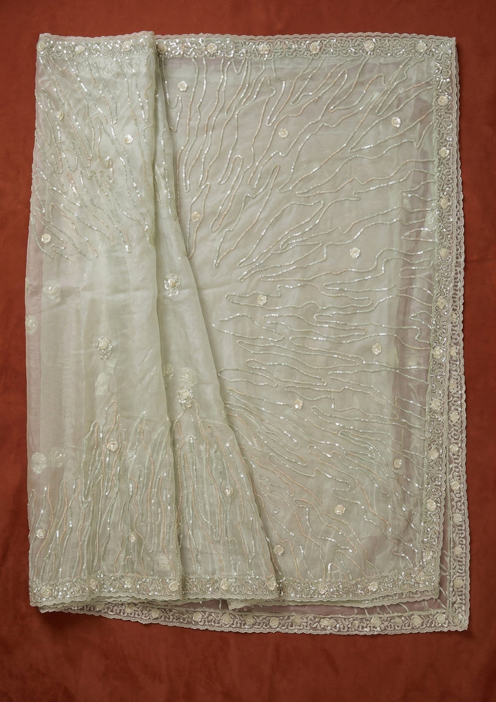 Pista Green Sequins Organza Saree