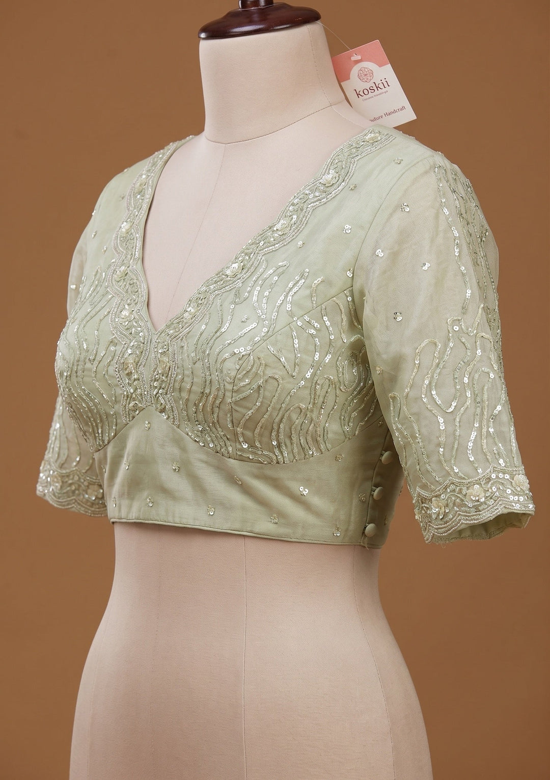 Pista Green Sequins Organza Saree