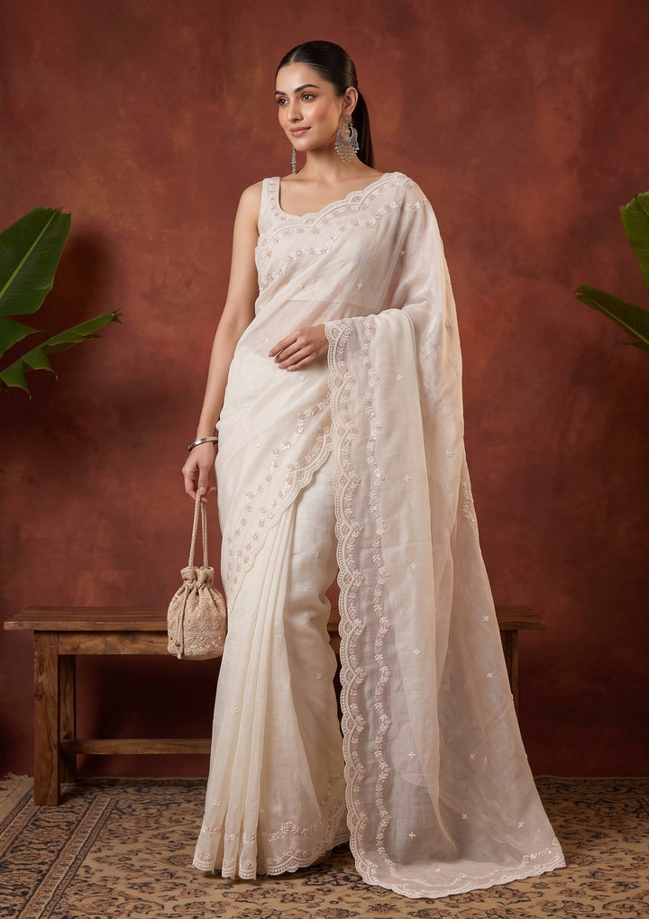 Off White Sequins Tissue Saree