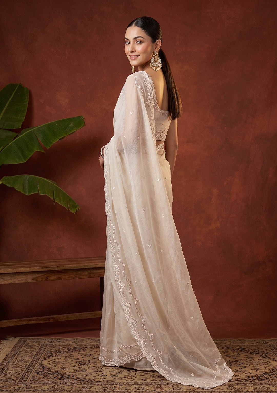 Off White Sequins Tissue Saree