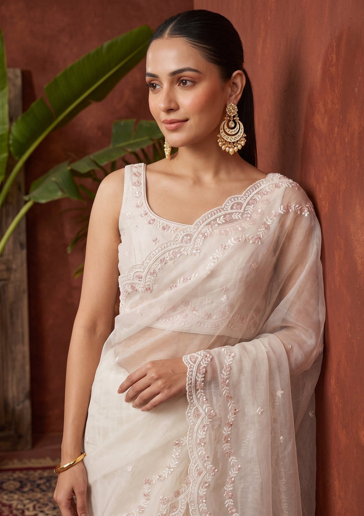 Off White Sequins Tissue Saree