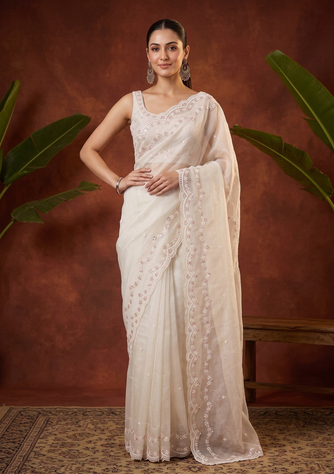 Off White Sequins Tissue Saree