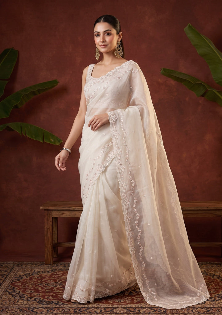 Off White Sequins Tissue Saree
