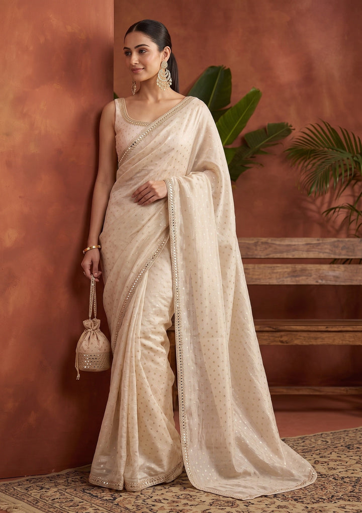 Beige Sequins Chanderi Saree