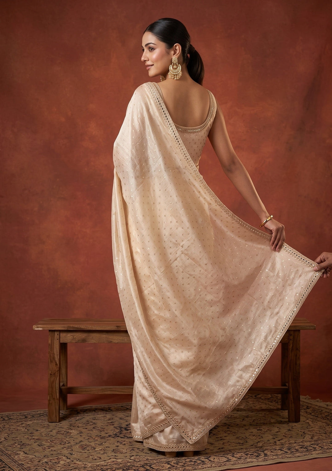 Beige Sequins Chanderi Saree