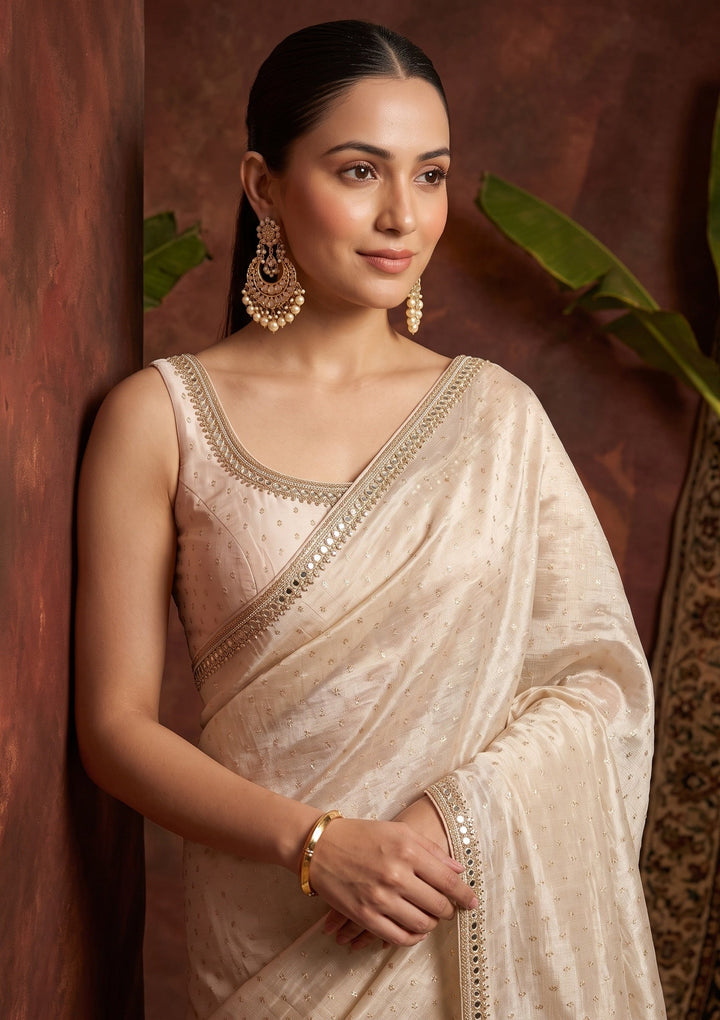 Beige Sequins Chanderi Saree