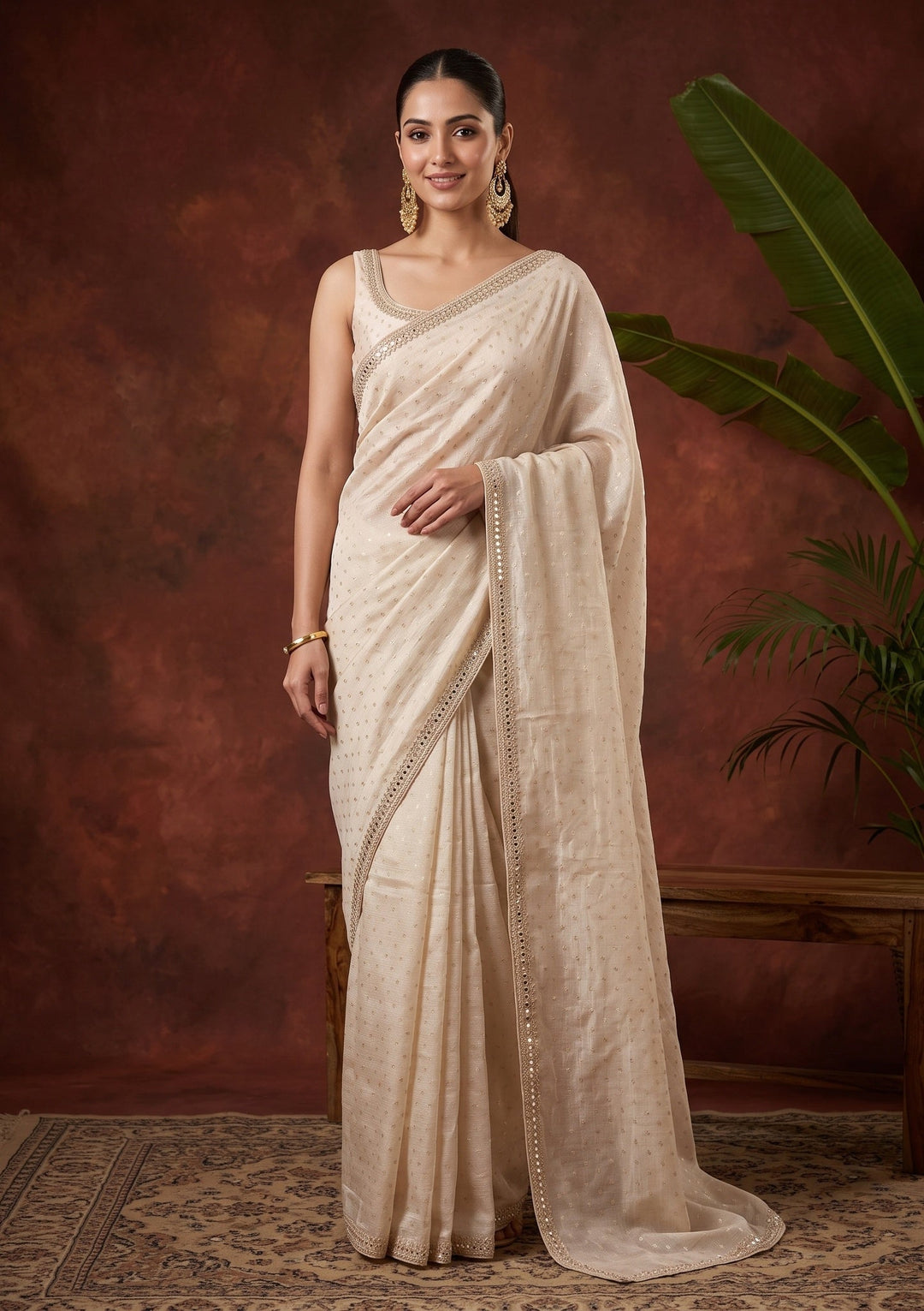 Beige Sequins Chanderi Saree