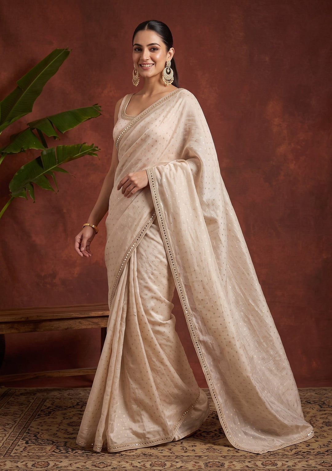 Beige Sequins Chanderi Saree