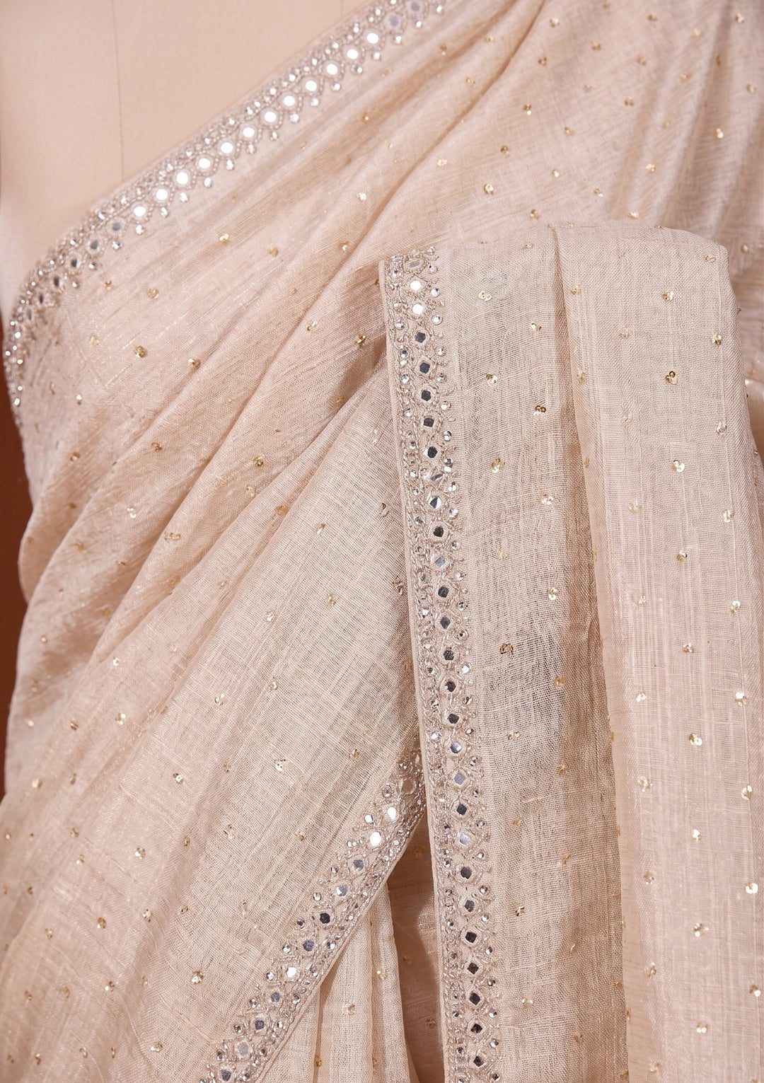 Beige Sequins Chanderi Saree