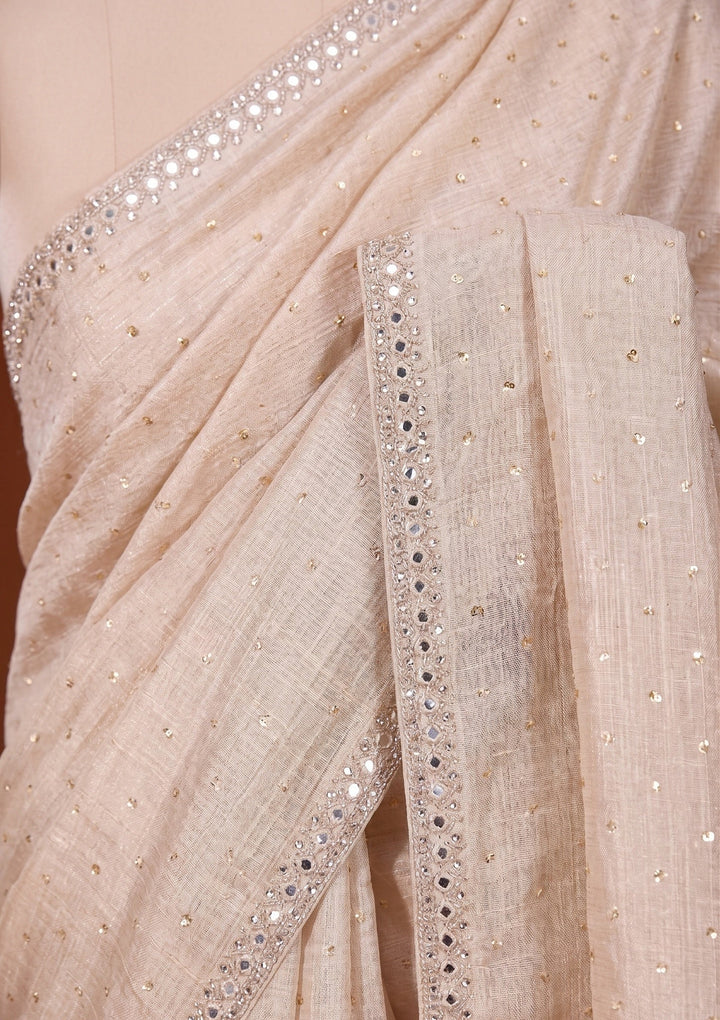Beige Sequins Chanderi Saree