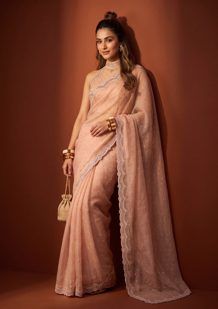 Peach Sequins Chanderi Saree