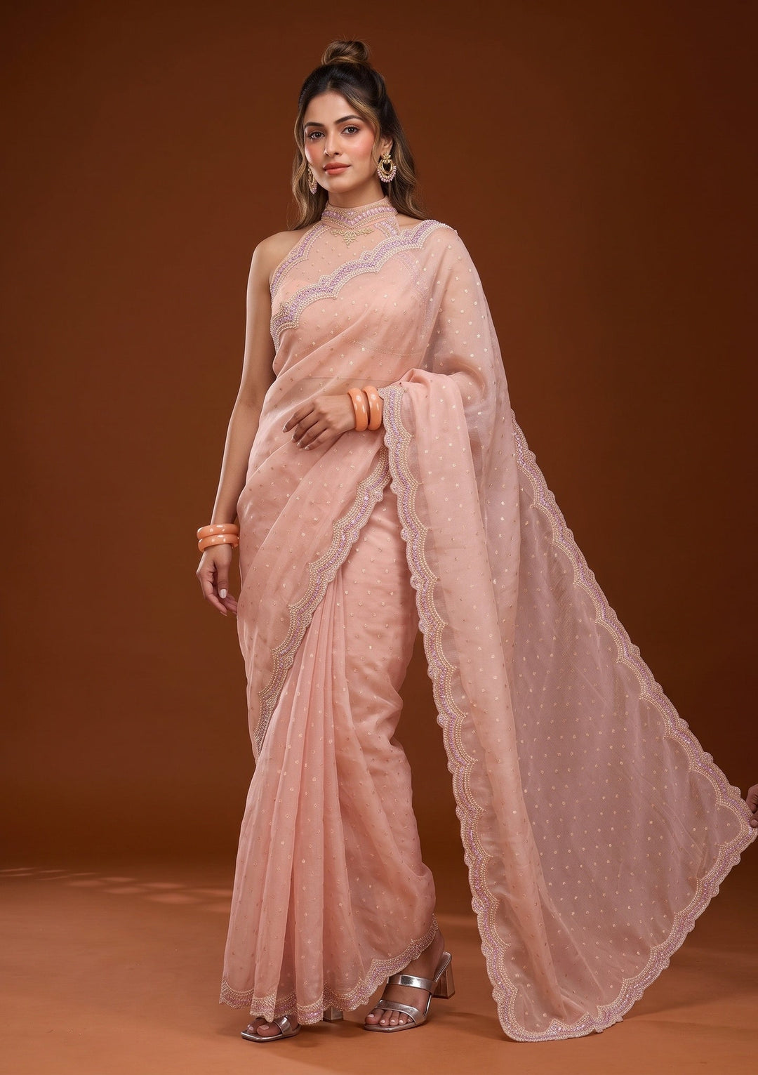 Peach Sequins Chanderi Saree